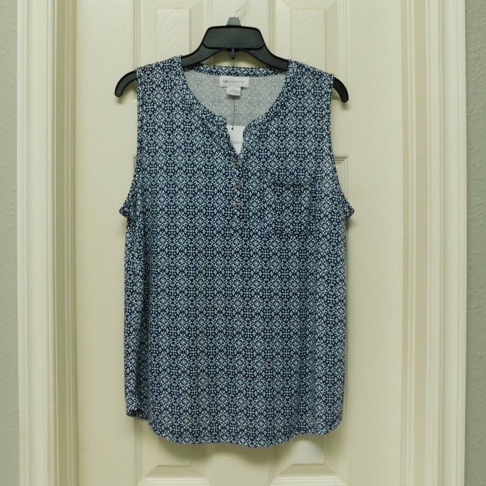 LIZ CLAIBORNE Womens Henley Tank Pullover Blue Print  Large NWT